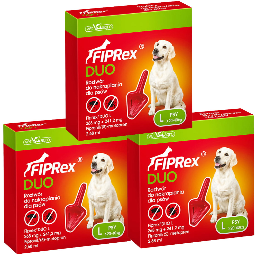 Fiprex DUO L KROPLE na Pchły Kleszcze dla Psa 20-40kg Ochrona na 90 dni
